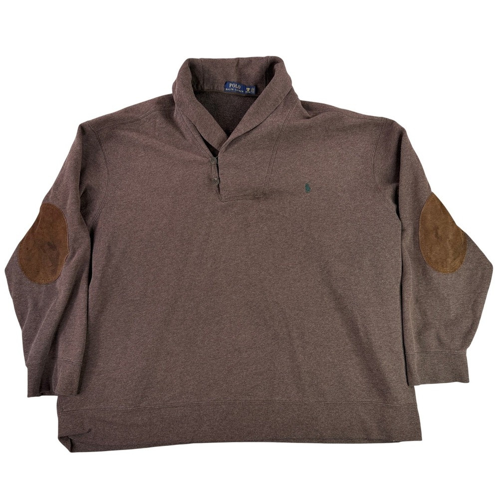 Polo‎ Ralph Lauren Sweatshirt Men 4XB Brown Shawl Collar Suede Elbow Patches Big